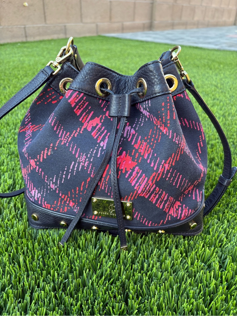 Juicy Couture Black Label Y2K Pink Plaid Bucket Bag Gold Hardware